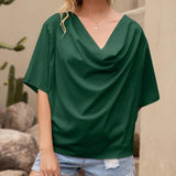 Solid V-Neck Short Sleeve Loose Top - WOMONA.COM