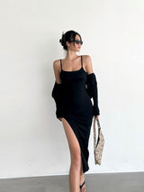 Black Word-neck Suspender Dress - WOMONA.COM