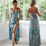 Sexy V-neck Printed Lace Slit Long dress - WOMONA.COM