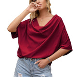 Solid V-Neck Short Sleeve Loose Top - WOMONA.COM