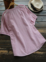 Casual Striped Patchwork V-Neck Shirt - WOMONA.COM