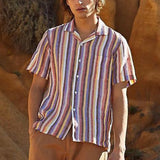 Men's Shirts Casual Lapel Striped Short Sleeves - WOMONA.COM