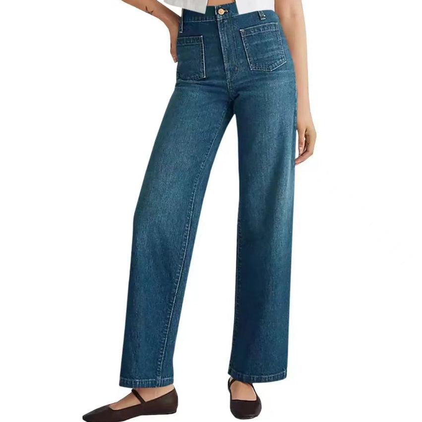 Blue washed high-rise jeans with straight wide legs and front button closure