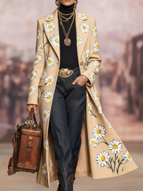 Women’s long lapel coat, tan with daisy floral print, open front