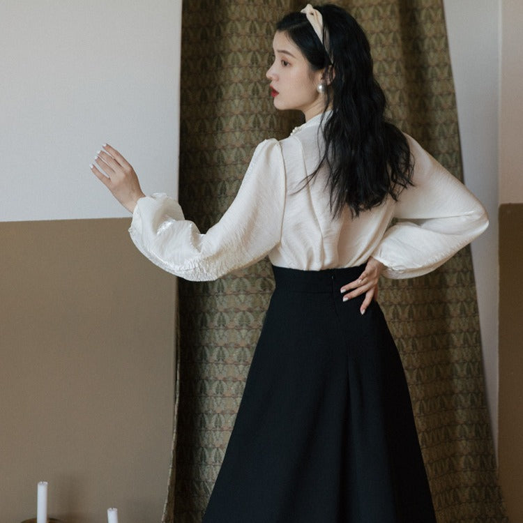 Fashion Pearl Collar Top Retro Skirt Two-piece Suit - WOMONA.COM