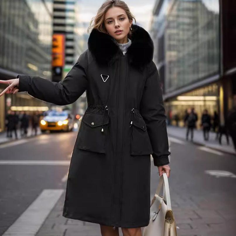 Women’s long cotton parka with hood and faux-fur trim, black, utility front pockets
