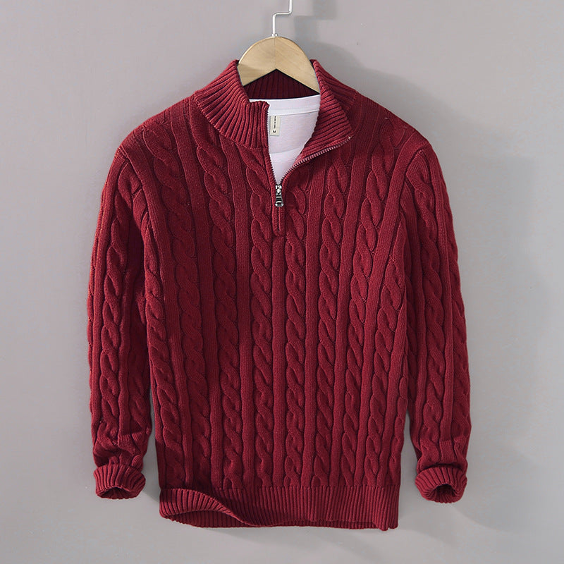 Men's Chunky Knit Half-Zip Mock-Neck Cotton Sweater