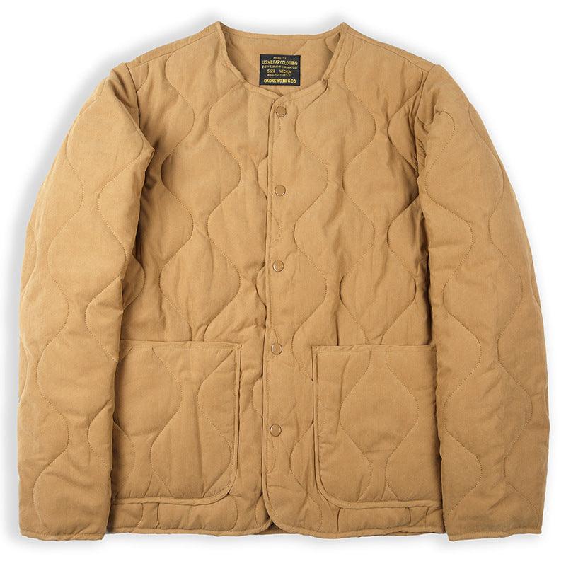 Men's quilted padded cotton coat in tan, snap buttons, two side flap pockets