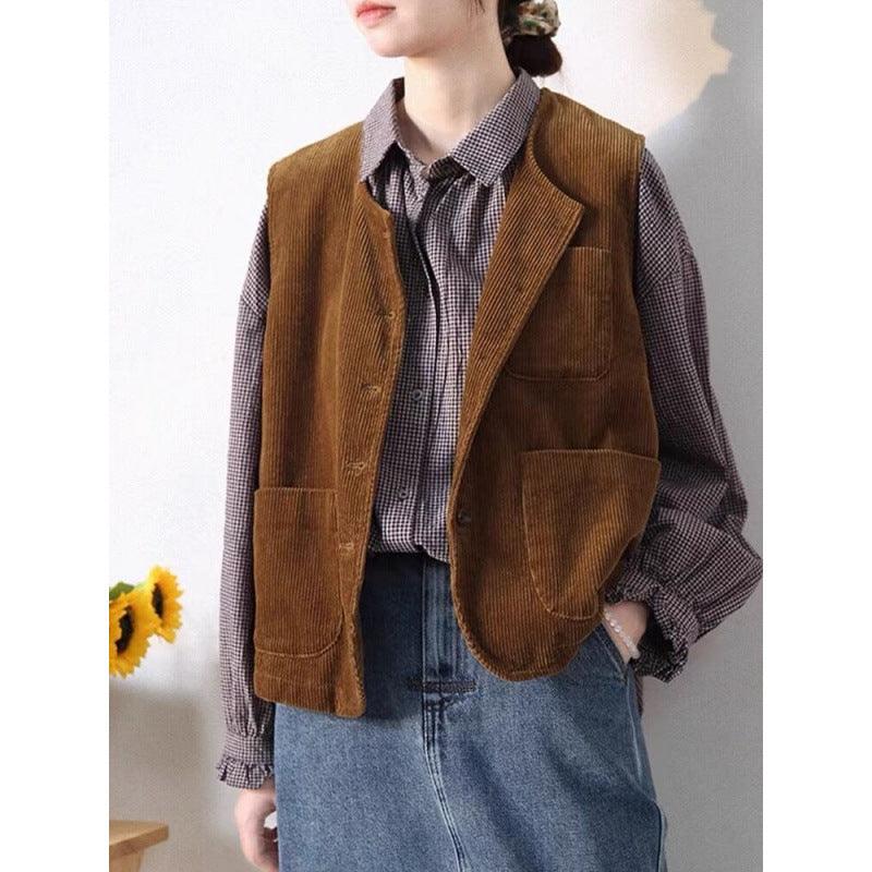 Caramel corduroy vest coat with button front and large patch pockets
