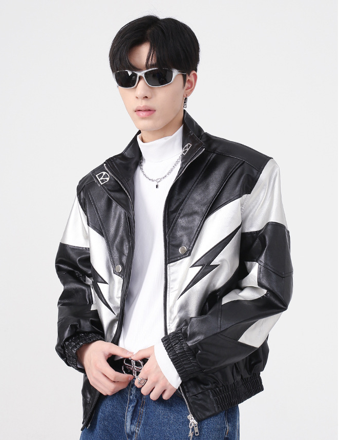 Men's Stand Collar Shoulder Pad Leather Coat - WOMONA.COM