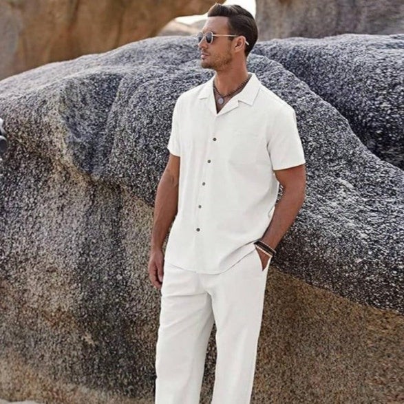 Men's short-sleeve button shirt and matching trousers set, white