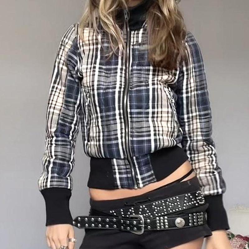Ins Style Contrast Color Check Waist-tight Jacket - WOMONA.COM