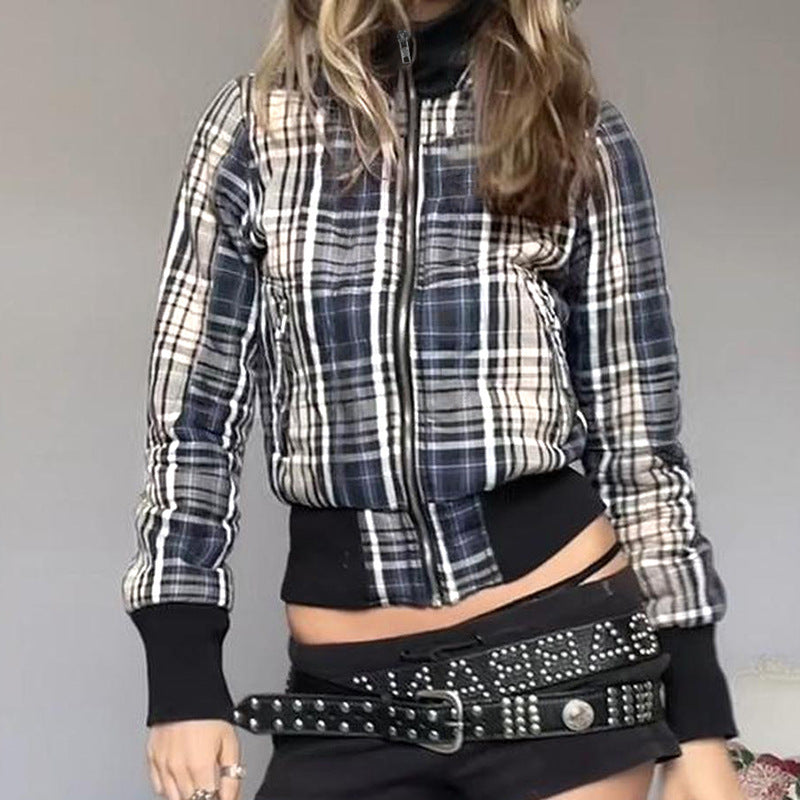 Ins Style Contrast Color Check Waist-tight Jacket - WOMONA.COM