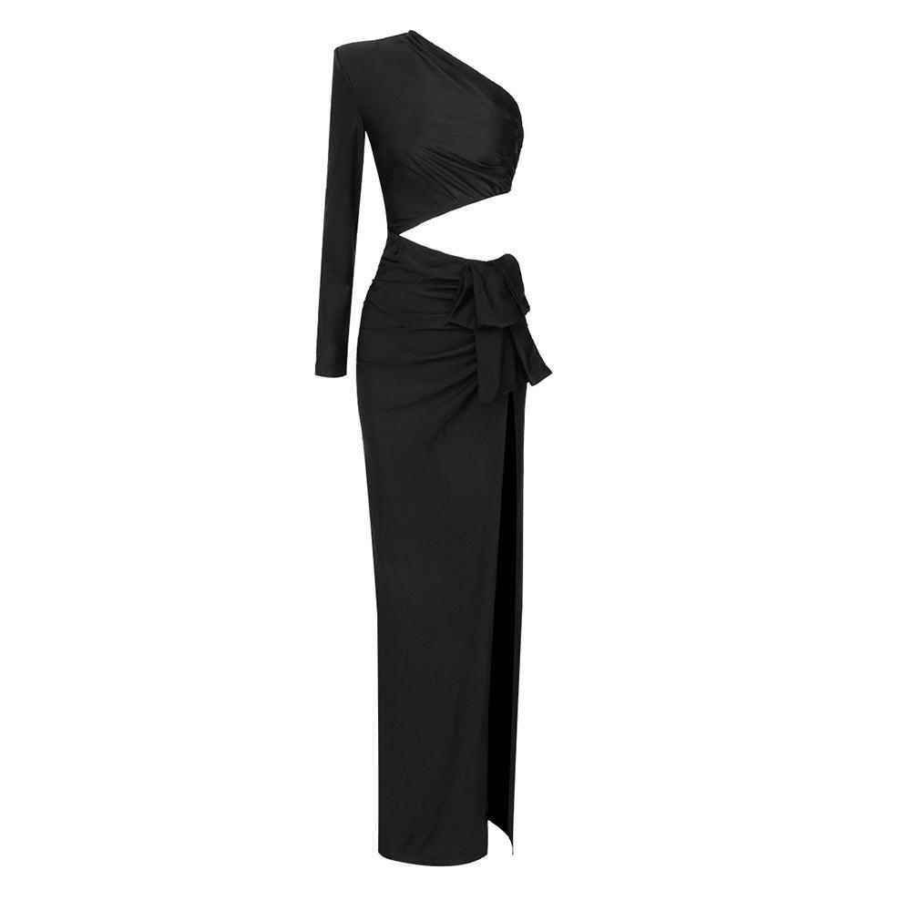Women's Long Sleeved Hollow Slit Elastic Sloping Shoulder Dress - WOMONA.COM