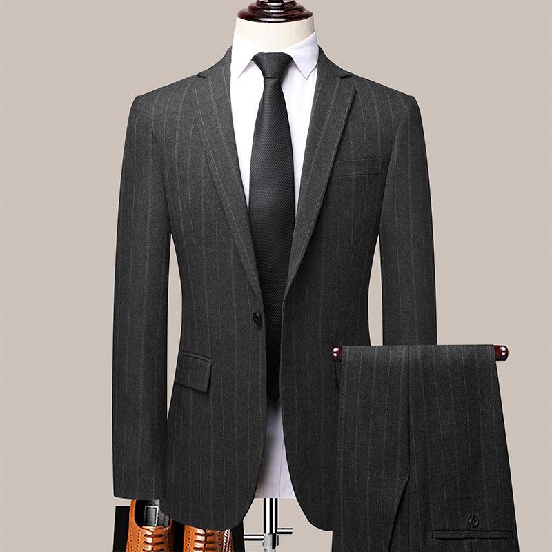 Men's gray pinstripe suit jacket with matching trousers, black dress shirt and tie