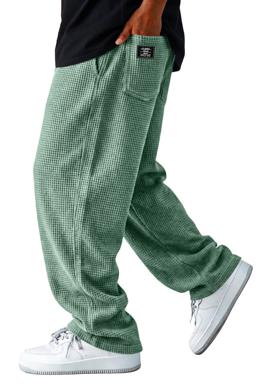 Wide-leg checkered casual pants with elastic waistband and side pocket, light green