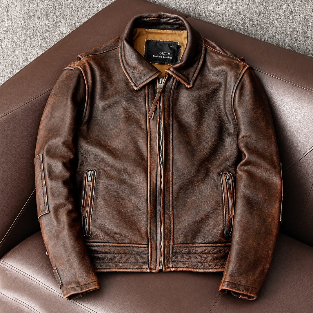 Men's vintage distressed brown leather jacket