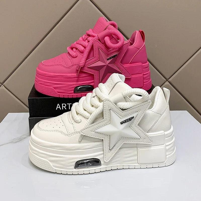 Women's platform sneakers, white and pink pairs with lace-up star accents