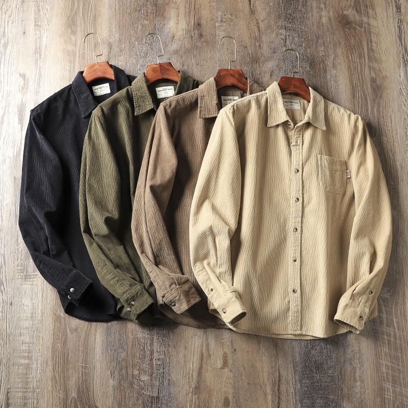 Long-sleeved thick casual shirts in dark, army green, brown, and cream colors on hangers