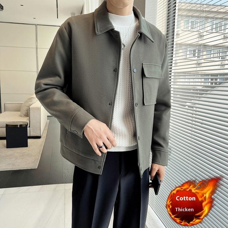 Short wool overcoat, dark olive green, button-up with flap chest pockets