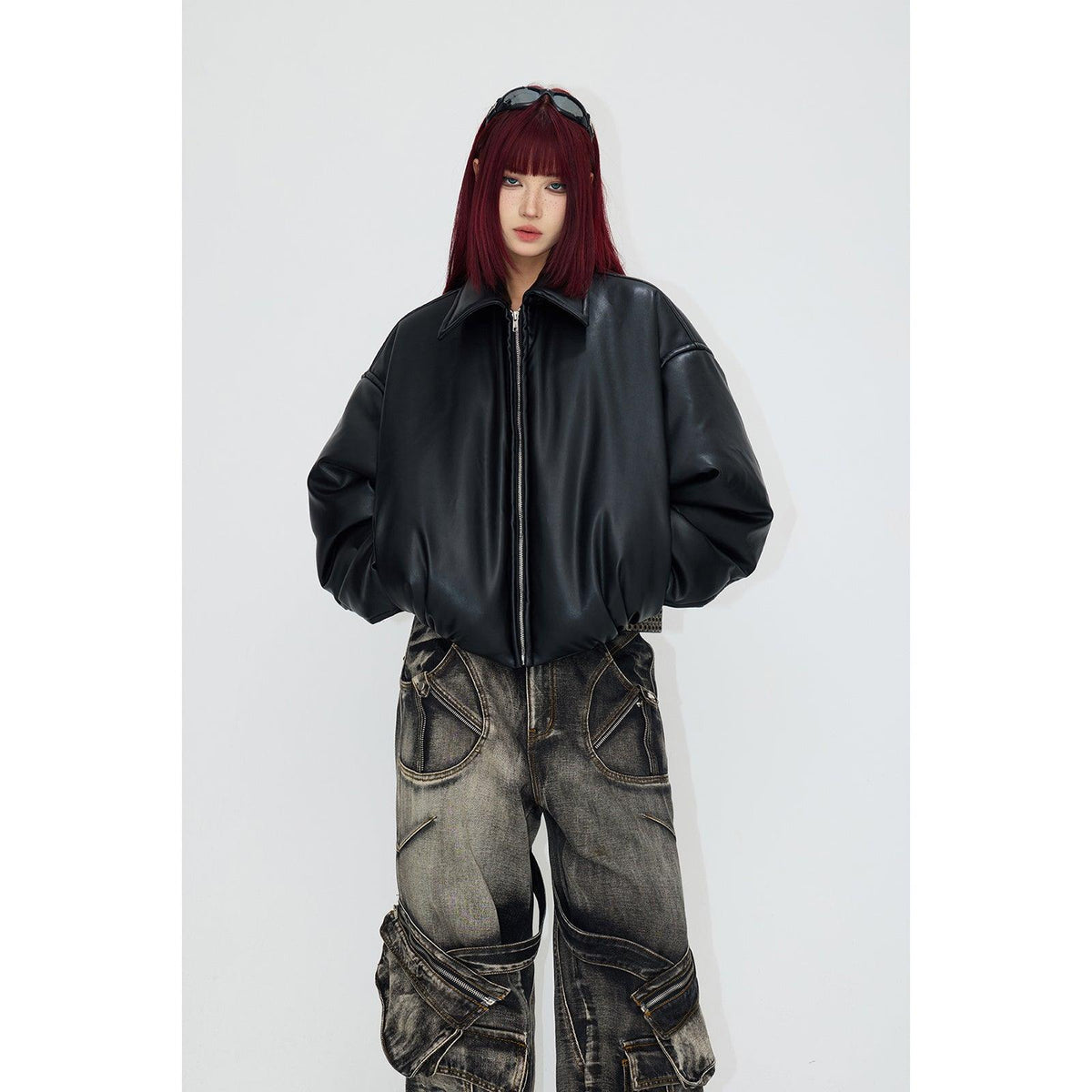 Women's Short Drop-shoulder Leather Cotton Coat Jacket - WOMONA.COM