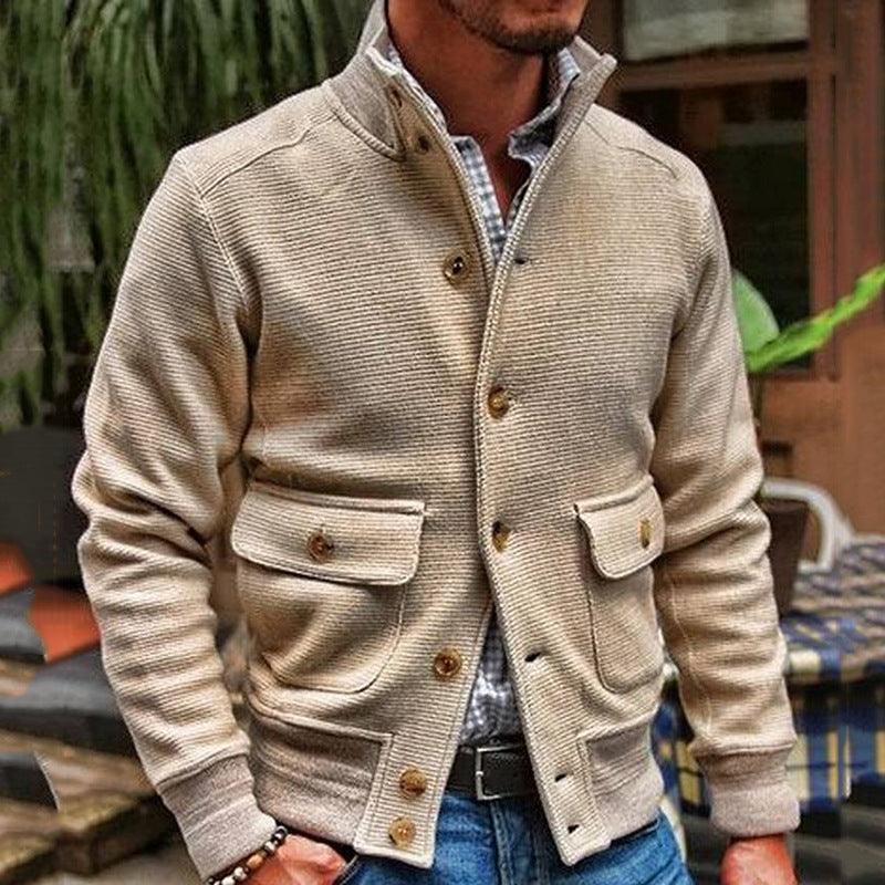 Men's knitted stand-collar jacket, beige button-front with two flap pockets