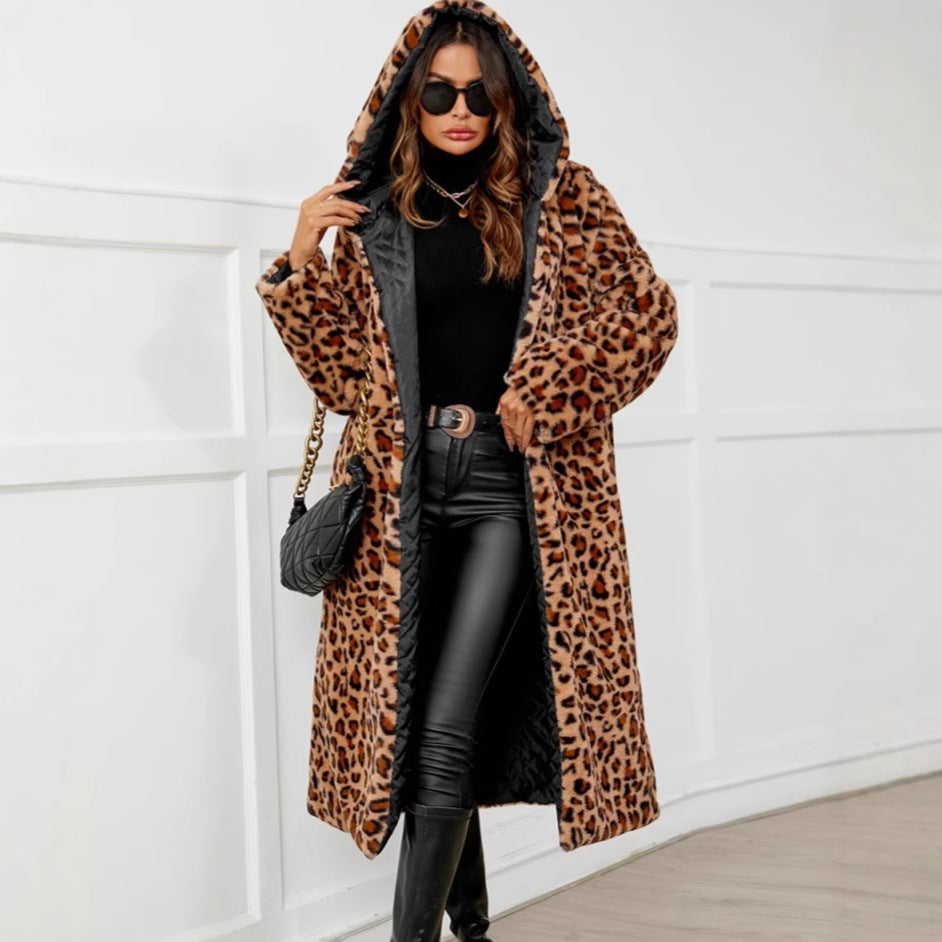 Full-length leopard faux fur hooded coat with open front and thick texture