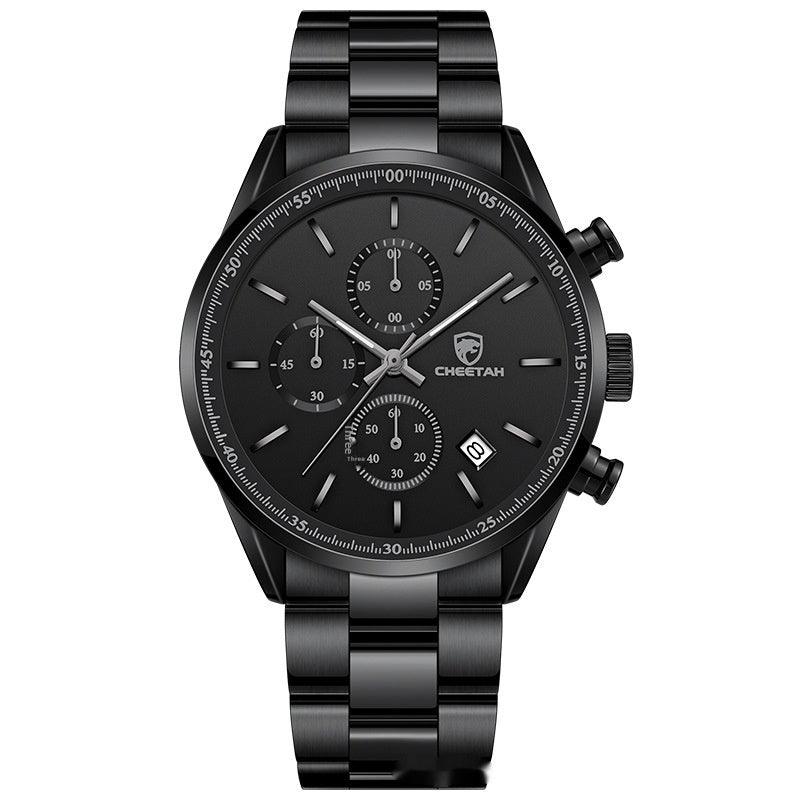 Black multi-dial quartz watch front view with metal bracelet and round chronograph dials