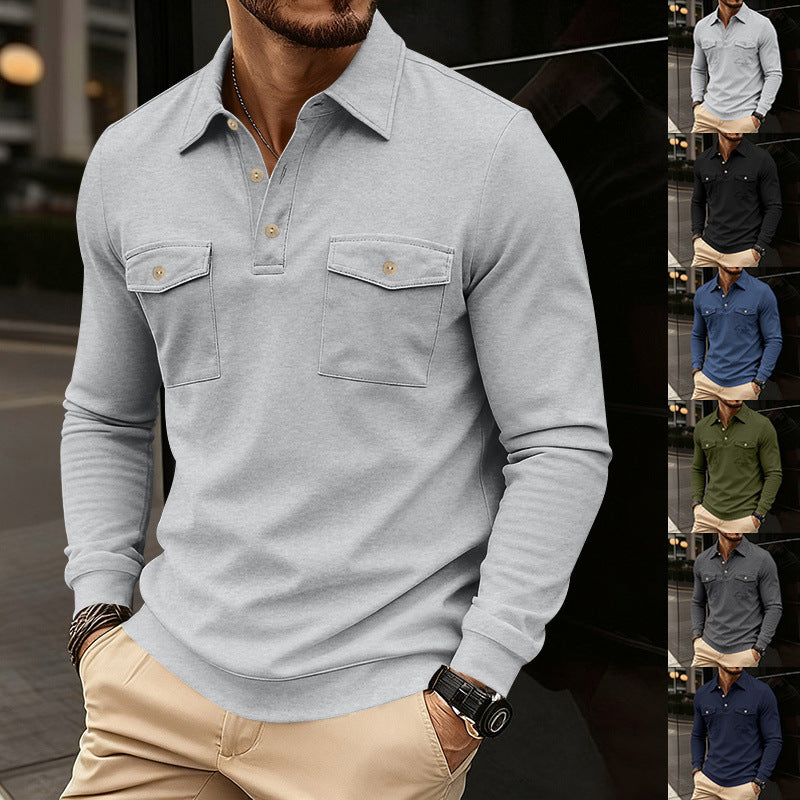 Men's long-sleeve lapel polo top in light gray with dual chest flap pockets and button placket