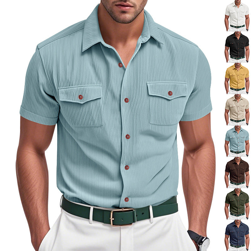 Light blue short-sleeve work shirt, button-front, pointed collar, chest flap pockets