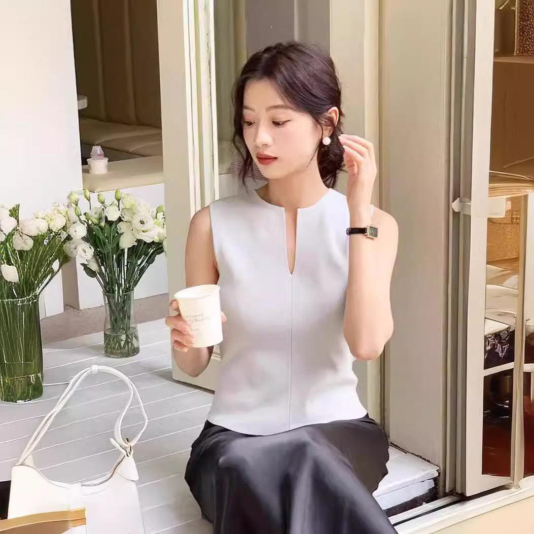 V-neck Temperament Slim Fit Sleeveless Top - WOMONA.COM