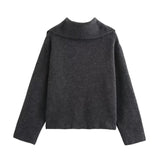 Simple Big Lapel Long Sleeve Pocket Pullover Sweater