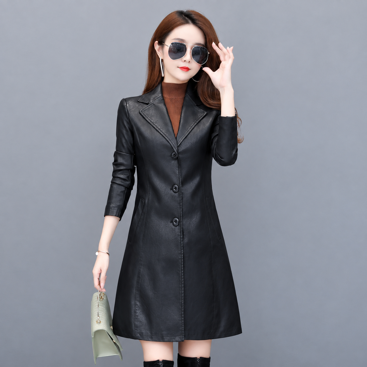 Black long slim leather windbreaker coat