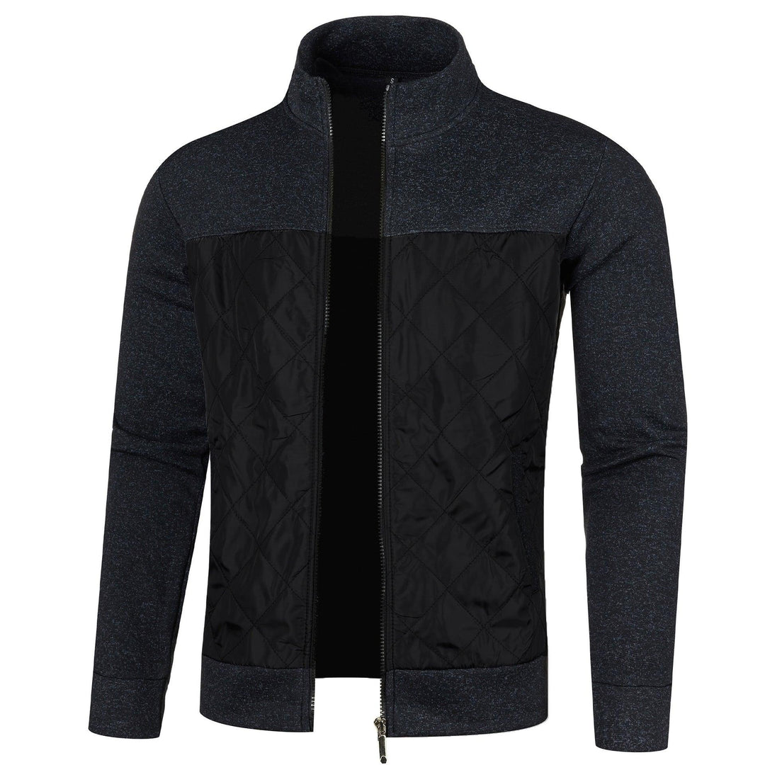 Men's zip cardigan jacket with stand collar, black quilted front and heather sleeves