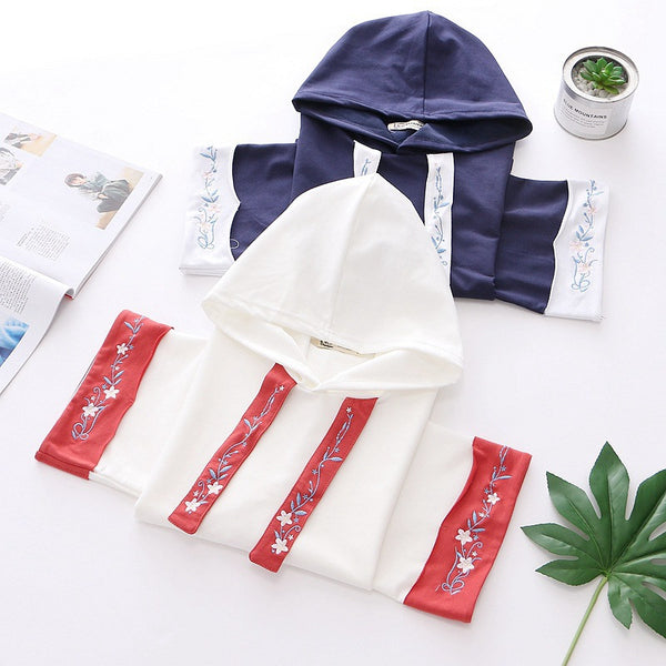 Embroidery Hooded Solid Color Hoodie For Women - WOMONA.COM