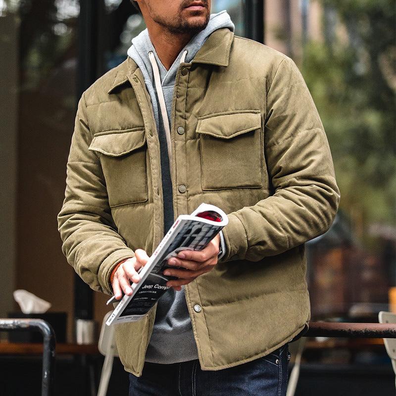 Men's army green padded coat, snap front with two chest flap pockets