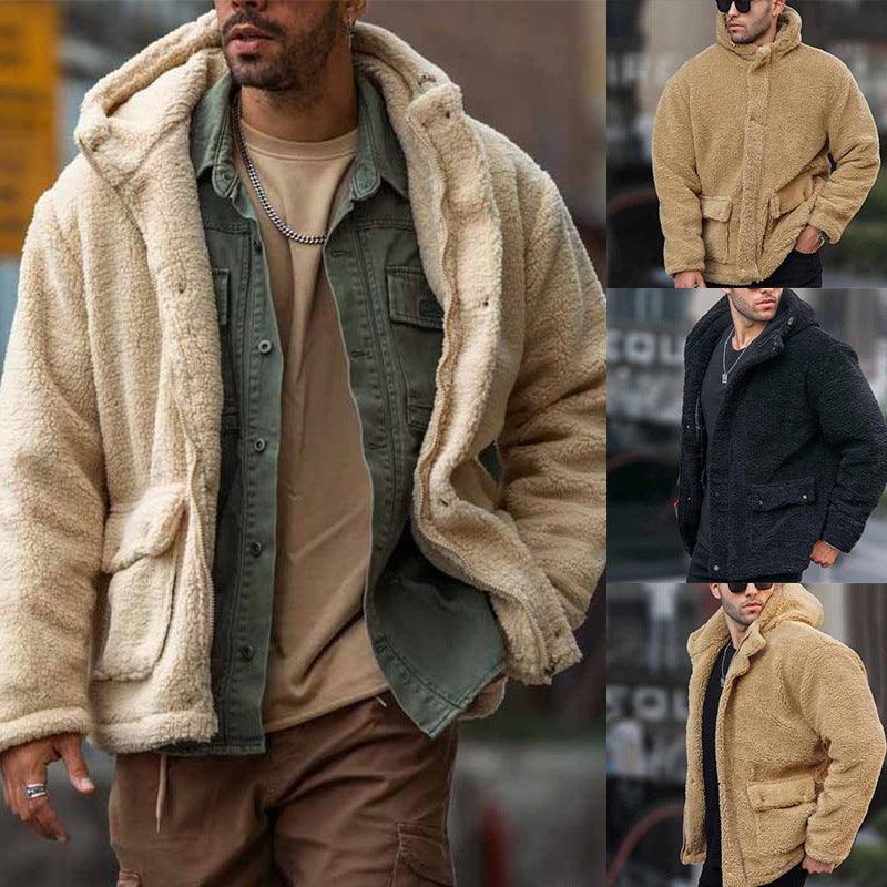 Men's apricot hooded sherpa coat with full front zipper and two front pockets