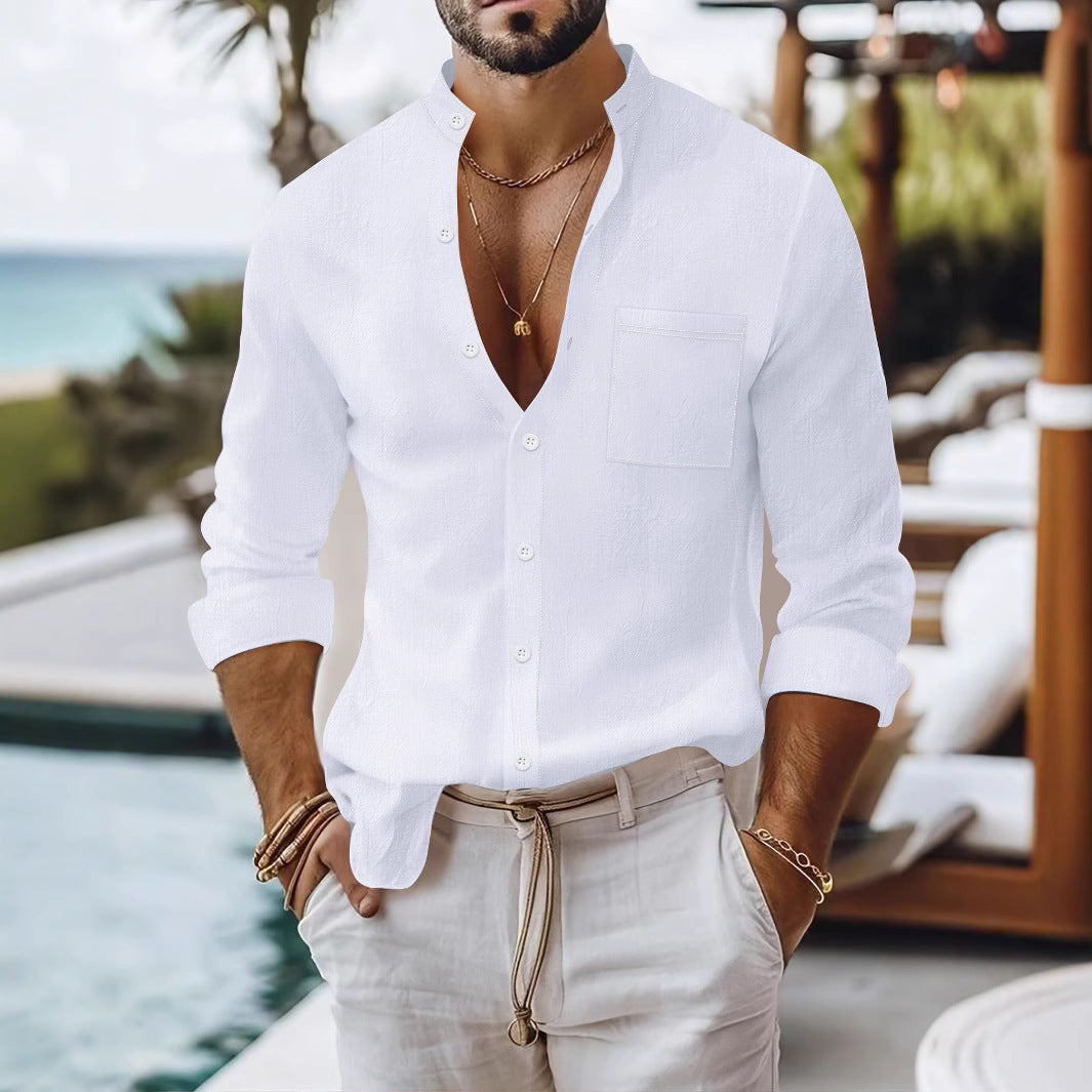 White mandarin-collar cardigan shirt with long sleeves, button-front placket, chest pocket