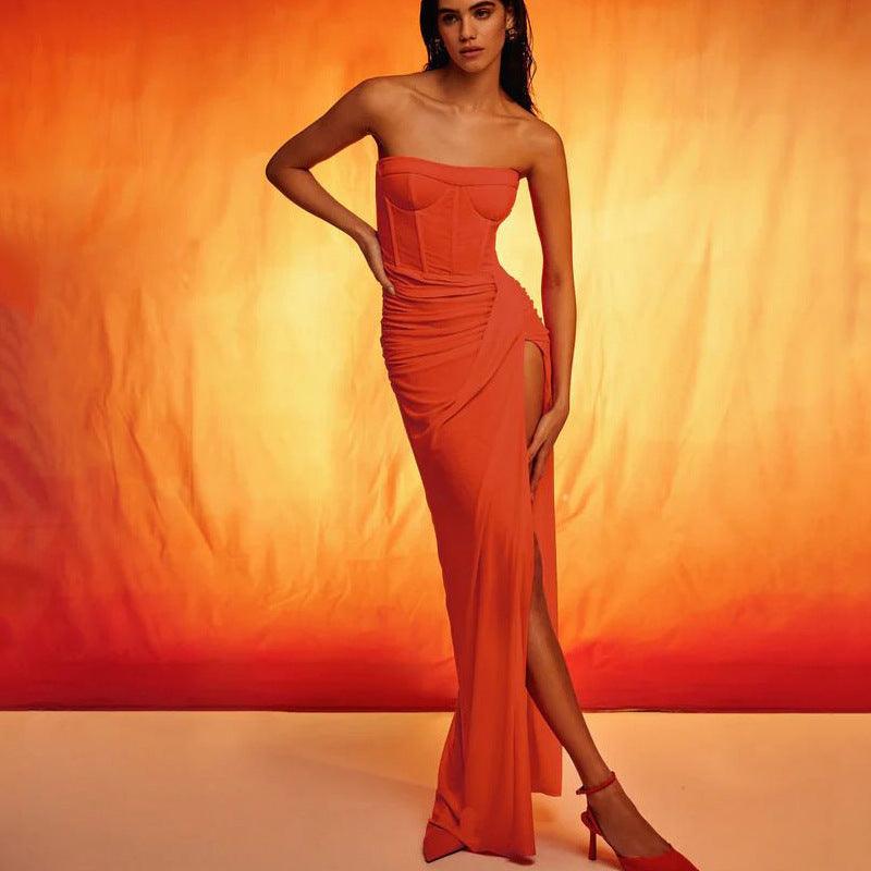 Crimp Slit Hemline At Hem Tube Top Backless Dress Long - WOMONA.COM