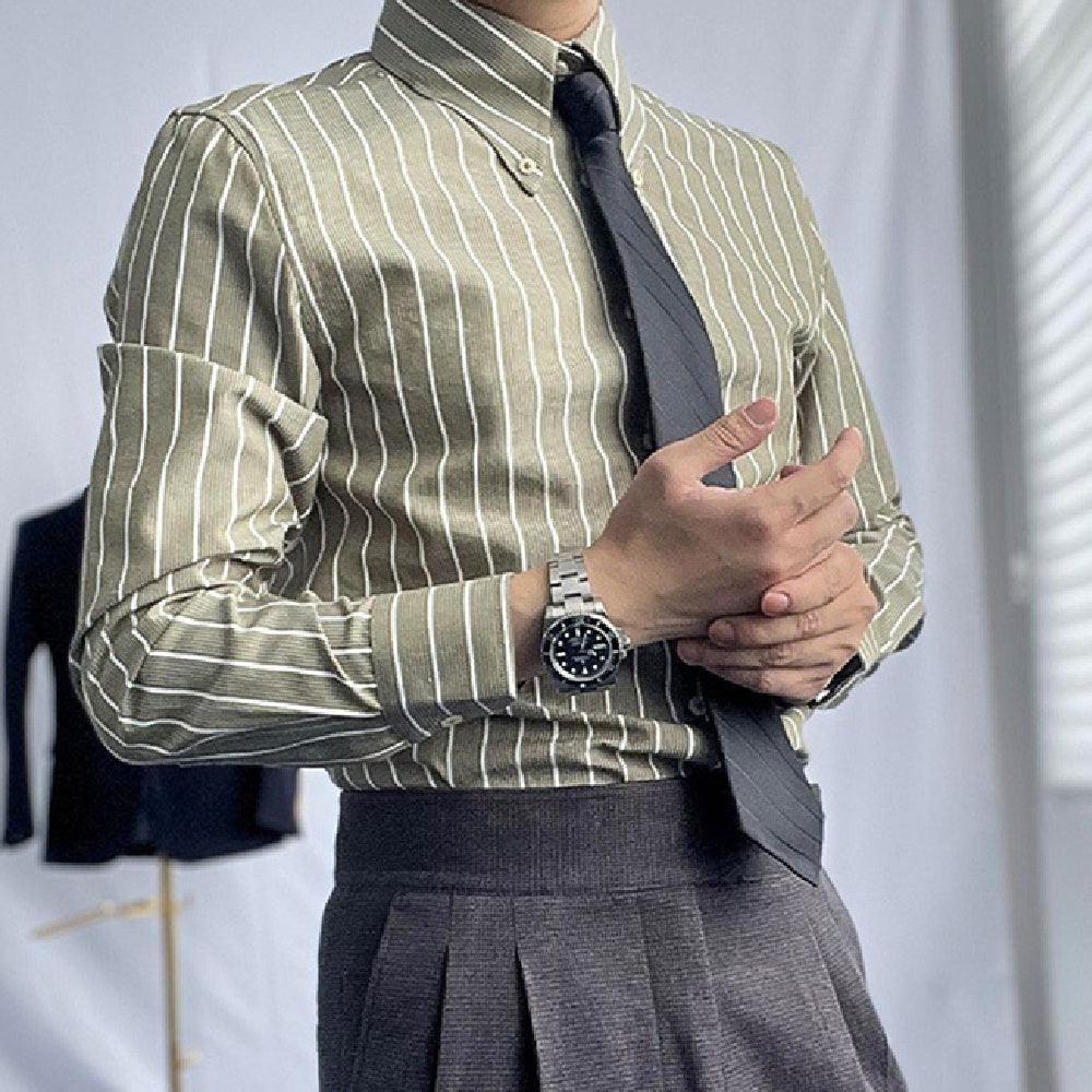 Olive striped long-sleeve button-up shirt with stand collar