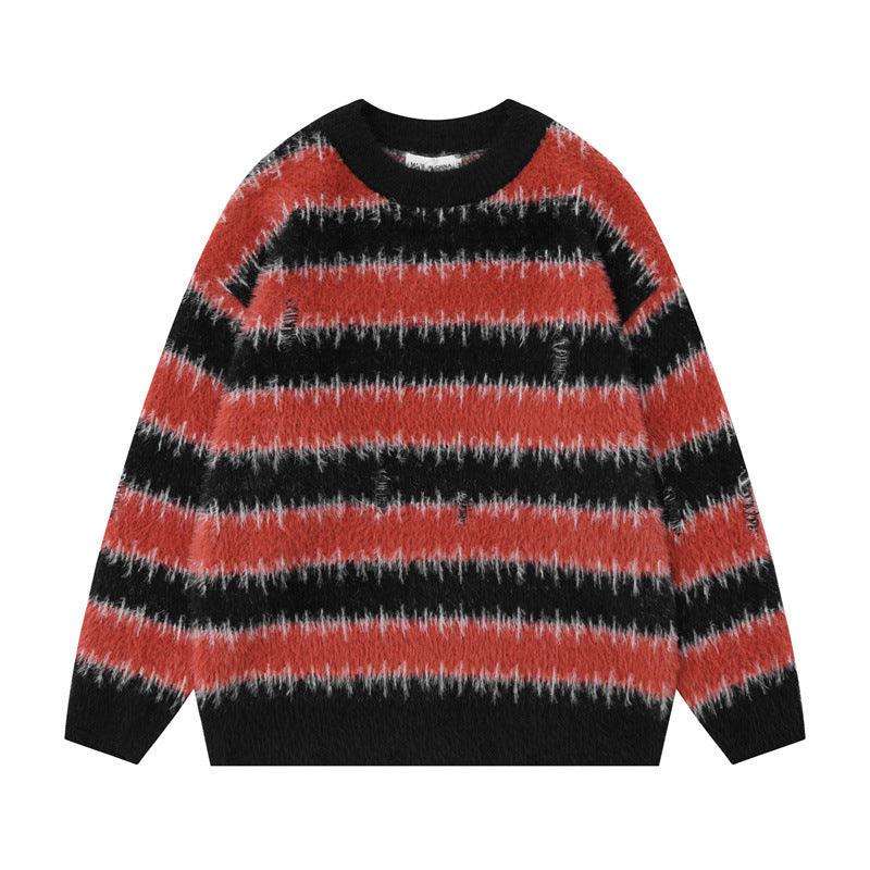 American Style Trend Contrast Color Striped Loose Sweater - WOMONA.COM