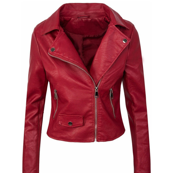 Short Zipper Leather Jacket Leather Coat - WOMONA.COM