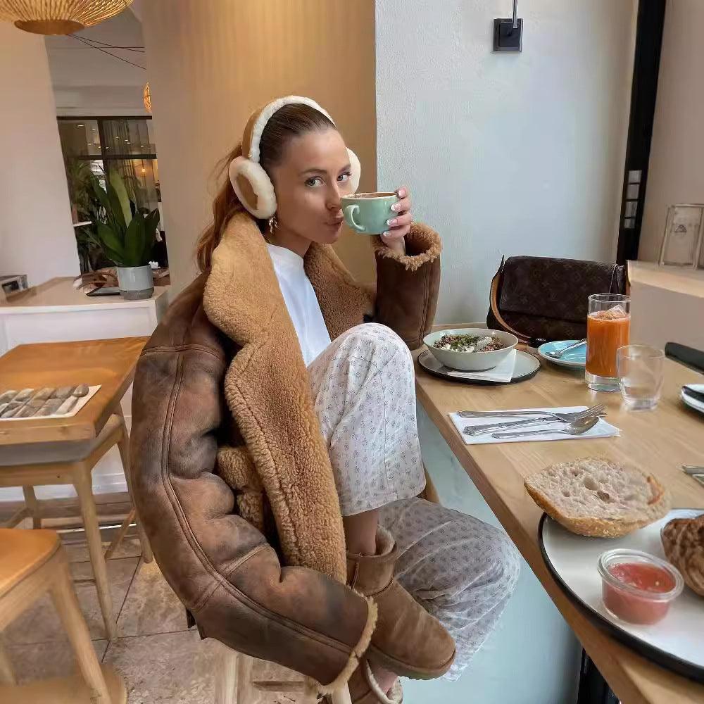 Dark brown shearling-style fur coat jacket with large plush collar and button front
