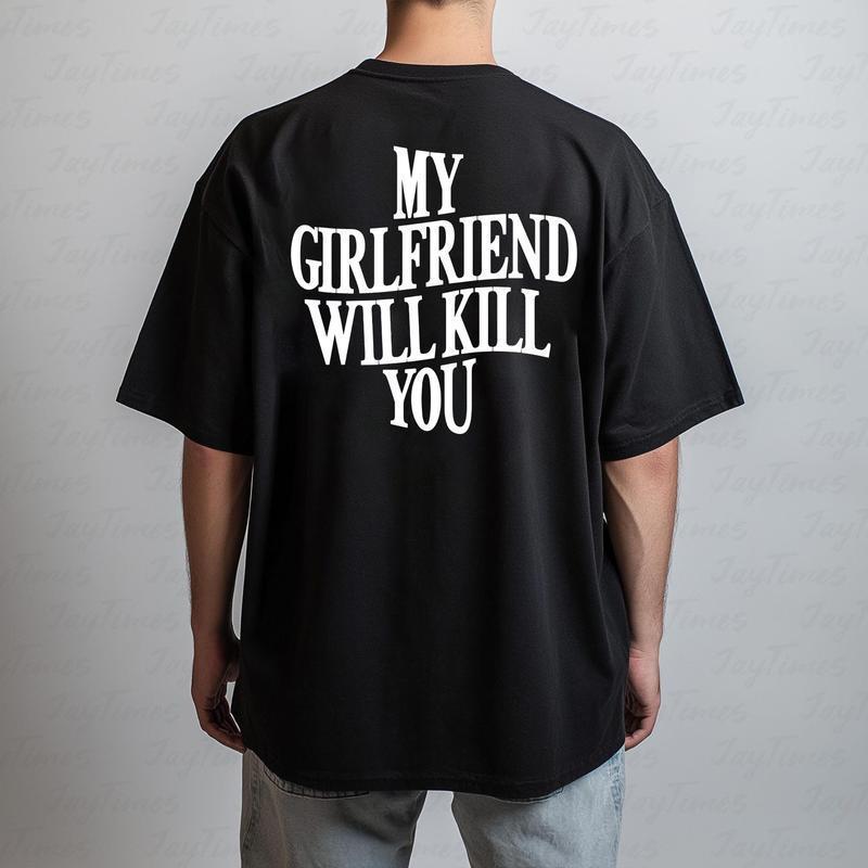 Black European-size T-shirt with large back text graphic, short sleeves