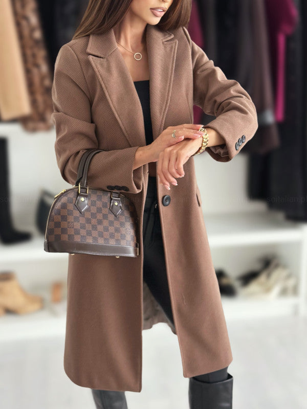 Simplicity Long Sleeve Solid Color Single-breasted Woolen Coat - WOMONA.COM