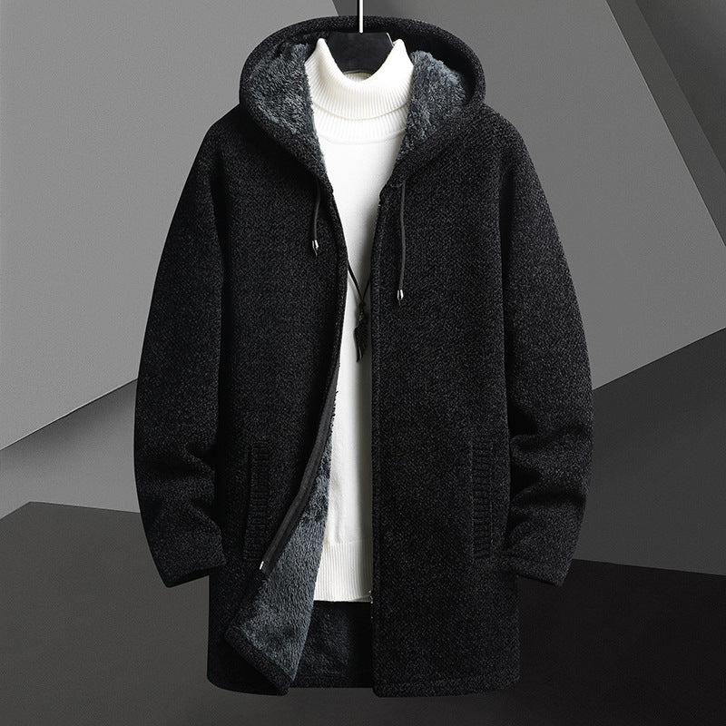 Men’s black fleece-lined hooded zip-up sweater cardigan, mid-length with side pockets.