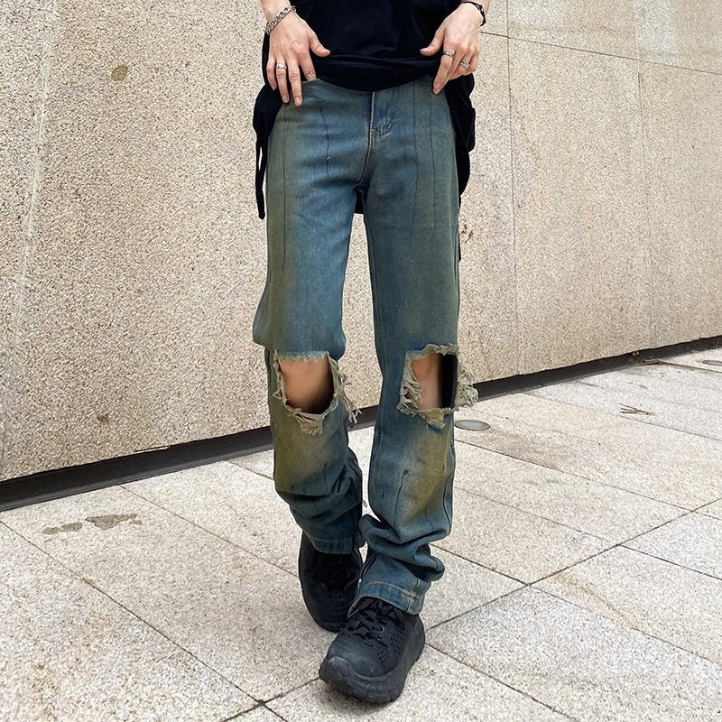 Vintage Light Color Zippered Ripped Jeans Men - WOMONA.COM