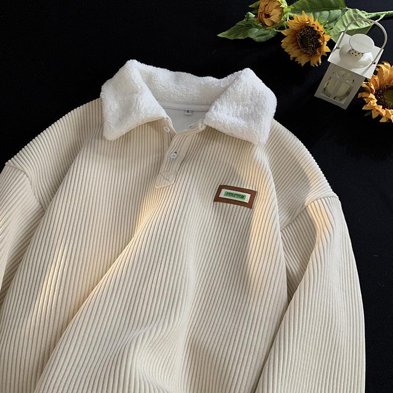Cream fleece-lined corduroy polo sweater with ribbed corduroy texture and button placket