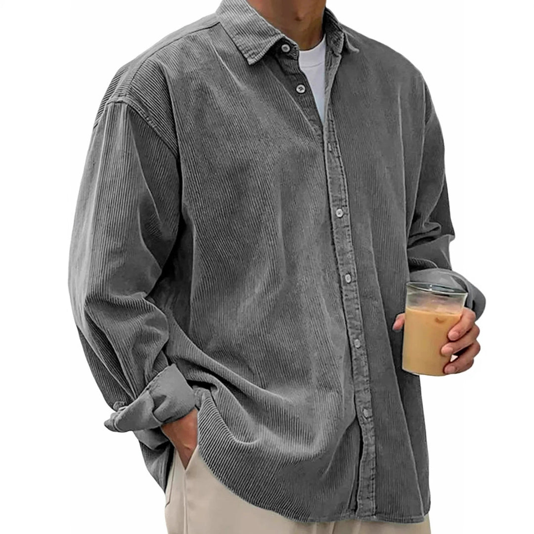 Men's loose corduroy lapel shirt, charcoal gray, long sleeves, button front
