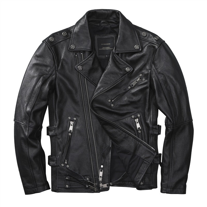 Black leather biker jacket front view with asymmetrical zip and shoulder epaulets